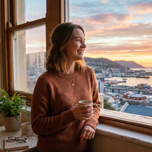 Smiling woman watching a sunrise from her window - Neuro Reset Clinic